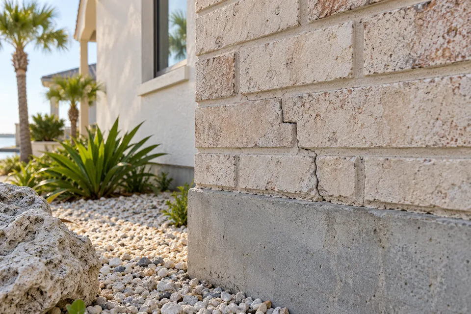 Stepped mortar crack near a brick foundation