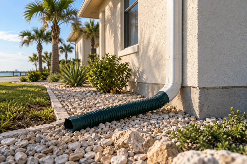 Downspout extension and drainage beside a house foundation