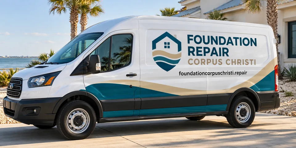 Foundation Repair Corpus Christi branded van beside a home